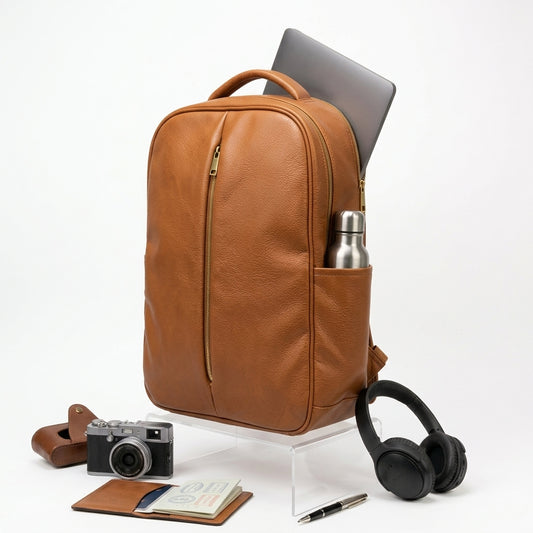 Brown PU Leather Backpack with laptop and accessories